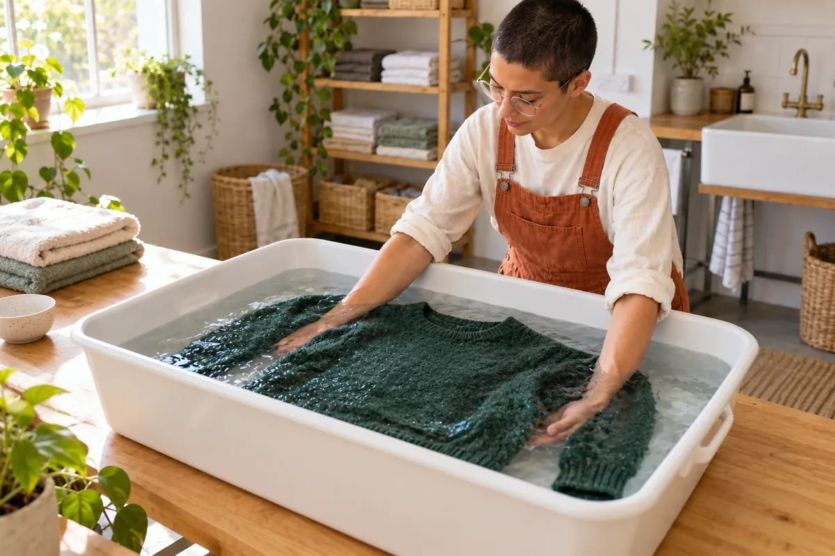 Une personne soutient entièrement un pull vert dans une bassine d’eau claire et le presse doucement sans le tordre.
