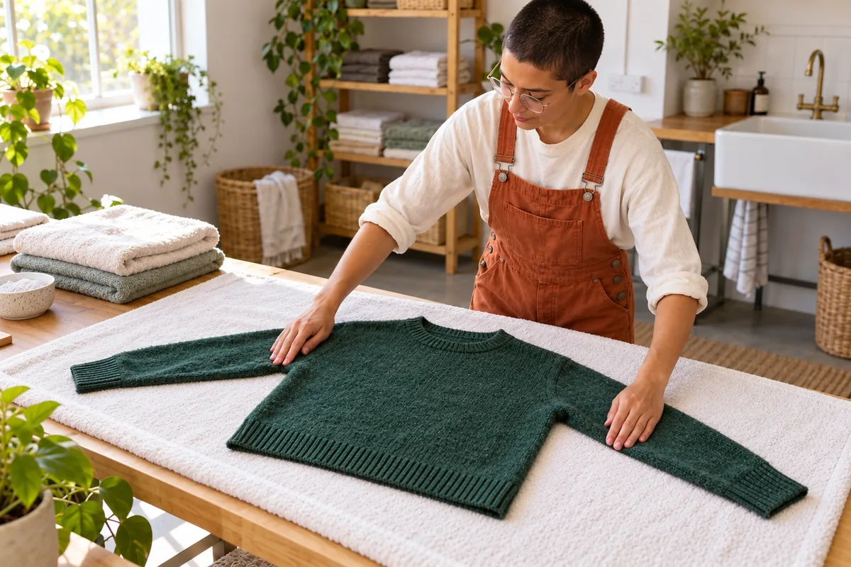 Une personne remet symétriquement en forme un pull vert humide posé à plat sur une grande serviette blanche.