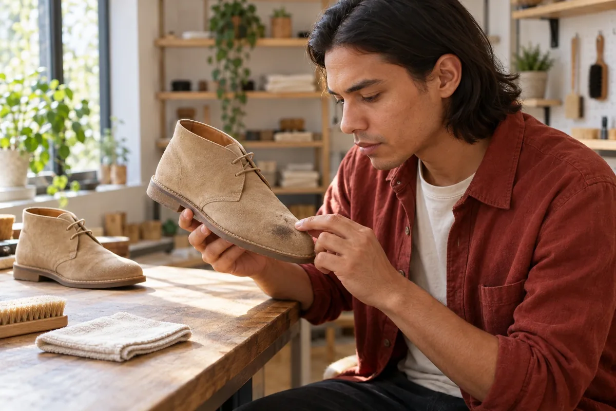 Un jeune homme examine une marque sombre sur une chaussure en daim beige sous la lumière d’un atelier.