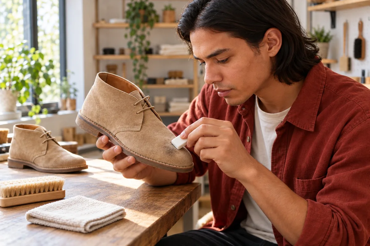 Un jeune homme frotte légèrement une petite marque sur une chaussure en daim beige avec une gomme blanche.