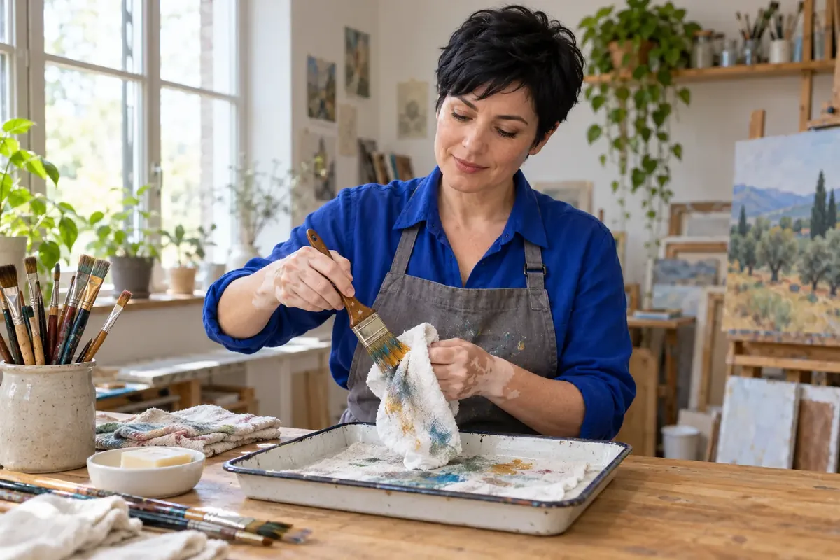 Une femme en chemise bleue essuie doucement un pinceau chargé de peinture au-dessus d’un plateau dans un atelier lumineux.