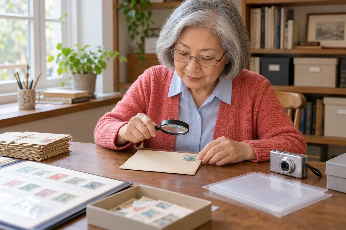 Une femme aux cheveux argentés examine à la loupe un timbre fixé sur une enveloppe ancienne posée à plat.