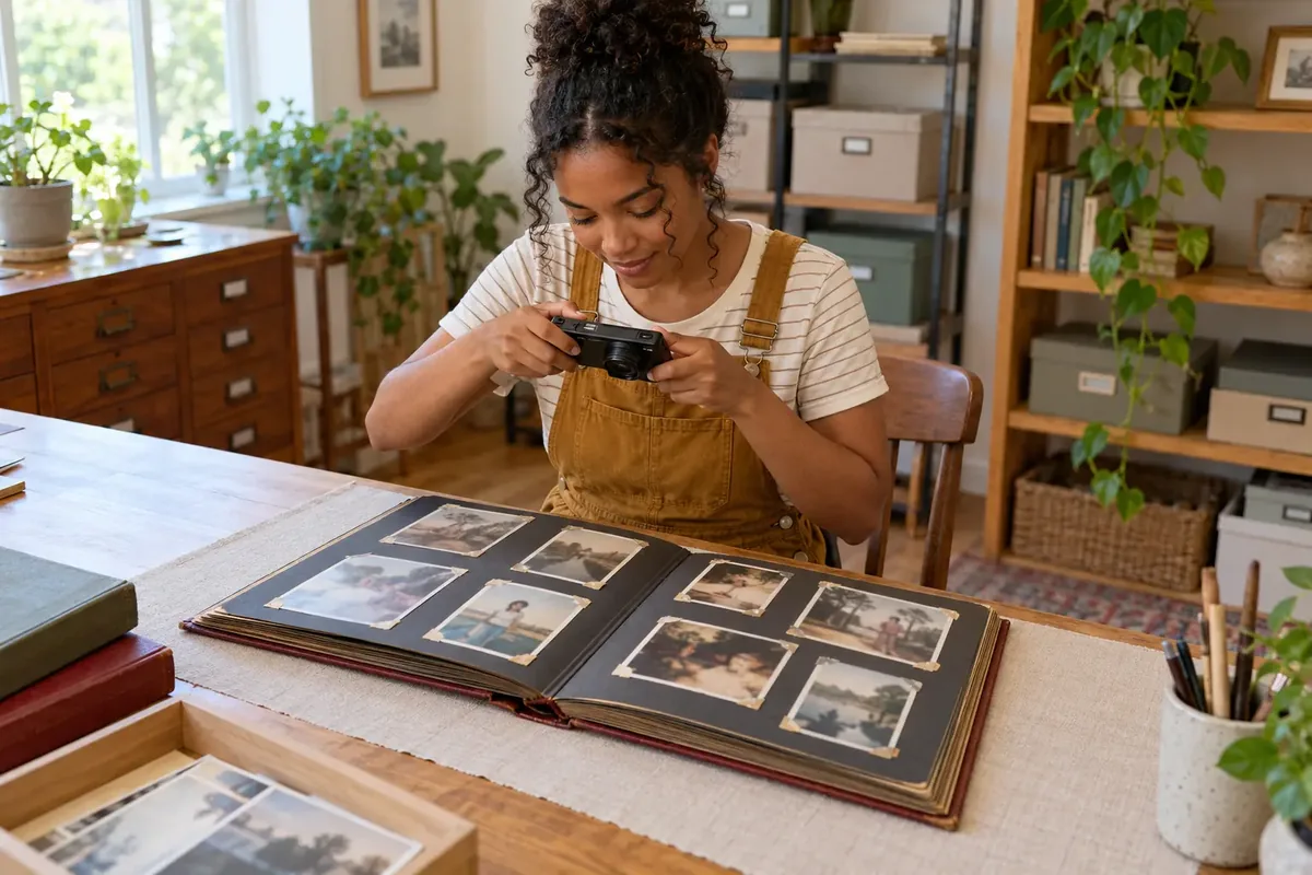 Une jeune femme photographie un vieil album ouvert posé à plat sur une grande table dans une pièce lumineuse.