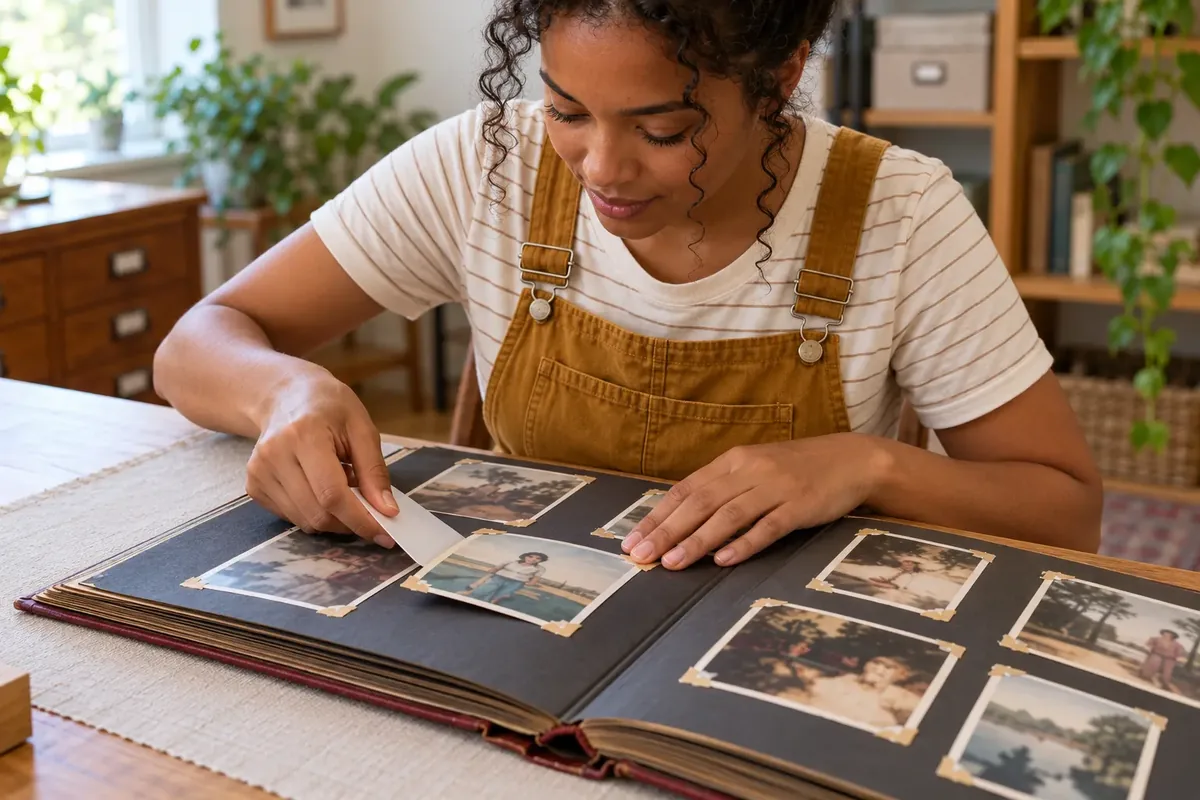 Une jeune femme soulève à peine le bord d’une photo avec une carte arrondie tout en maintenant la page à plat.