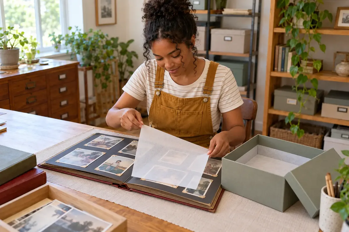 Une jeune femme pose une feuille intercalaire neutre sur un album ancien avant de le ranger dans une boîte.