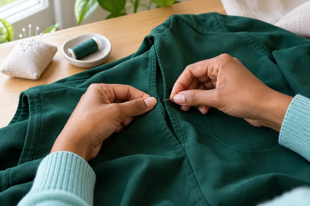 Deux mains rapprochent les bords d’une couture ouverte sur un vêtement vert avec une aiguille et du fil assorti.