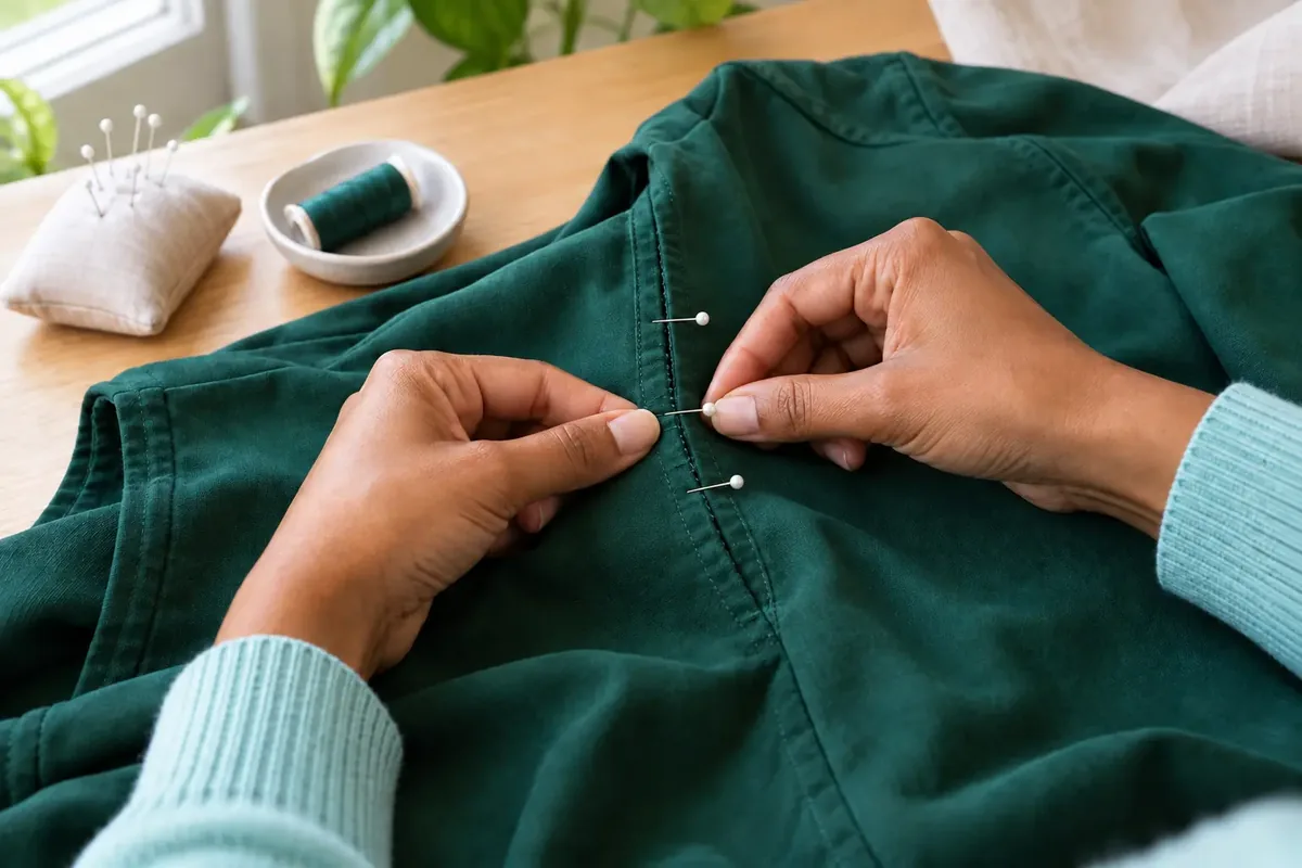 Deux mains alignent les replis d’une couture verte maintenue par trois épingles placées perpendiculairement.