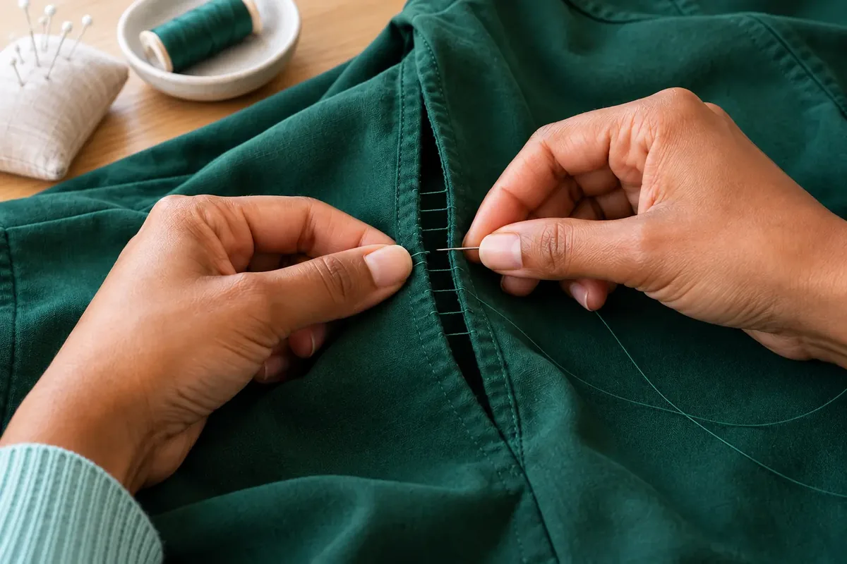 Une aiguille et un fil vert forment de petits points alternés entre les deux replis ouverts d’une couture.