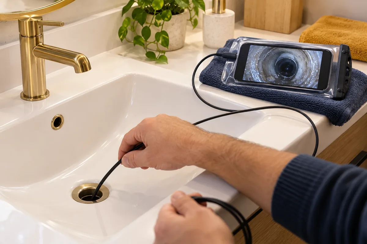 Caméra endoscopique souple introduite à la main par la bonde d'un lavabo, l'image du tuyau affichée sur un écran sous pochette étanche