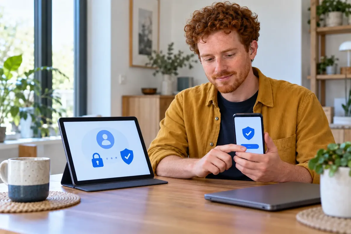 Un homme valide sur son téléphone une vérification supplémentaire demandée par une nouvelle session sur tablette.