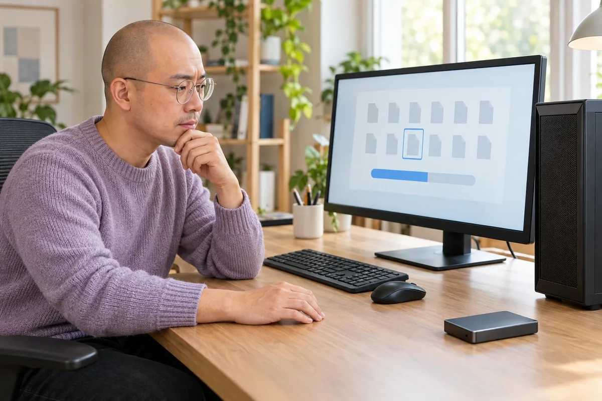 Un homme assis observe des icônes de fichiers et une barre de progression sur un ordinateur, un disque externe à côté.