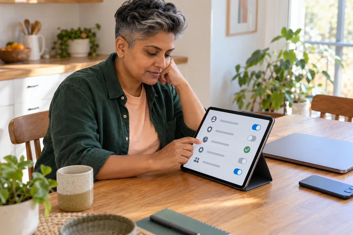 Une personne consulte des réglages de confidentialité abstraits sur une tablette, avec ordinateur et téléphone à proximité.