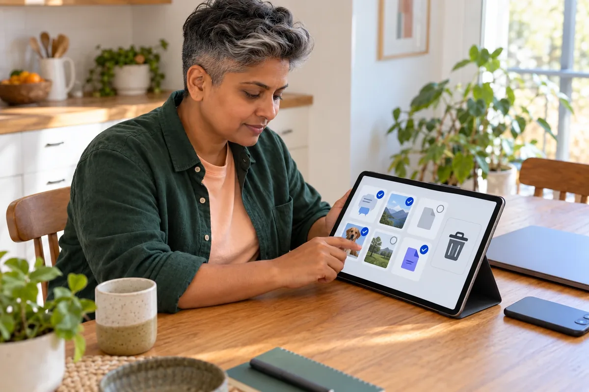 Une personne sélectionne plusieurs contenus abstraits sur une tablette avant de les déplacer vers une icône de corbeille.