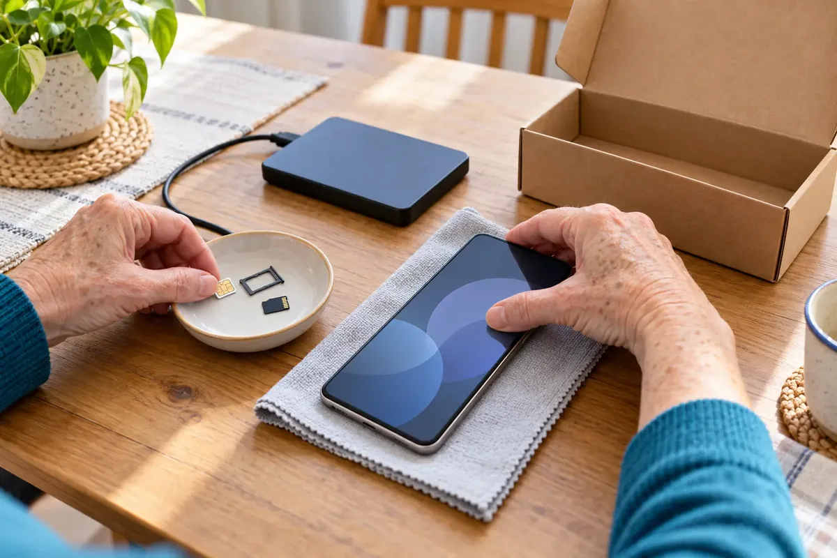Deux mains âgées disposent un téléphone, une carte SIM, une carte mémoire et un disque externe près d’une boîte.