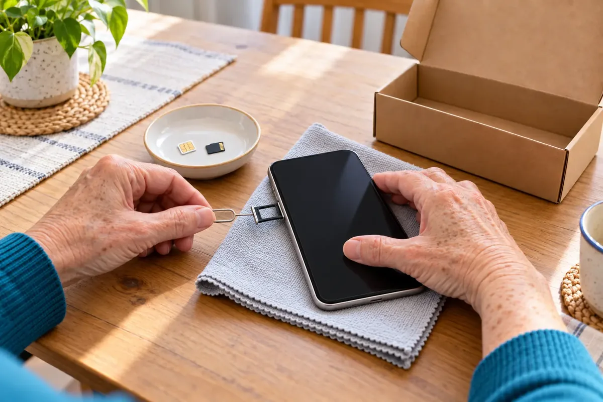Deux mains retirent le tiroir SIM d’un téléphone avec l’outil prévu, une carte mémoire posée à côté.