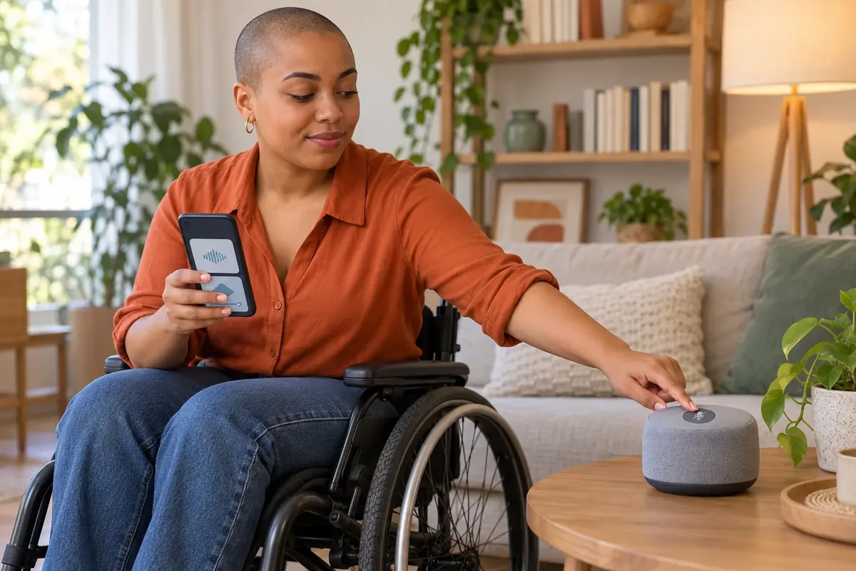 Une femme en fauteuil roulant coupe le microphone d’une enceinte connectée tout en tenant son téléphone.