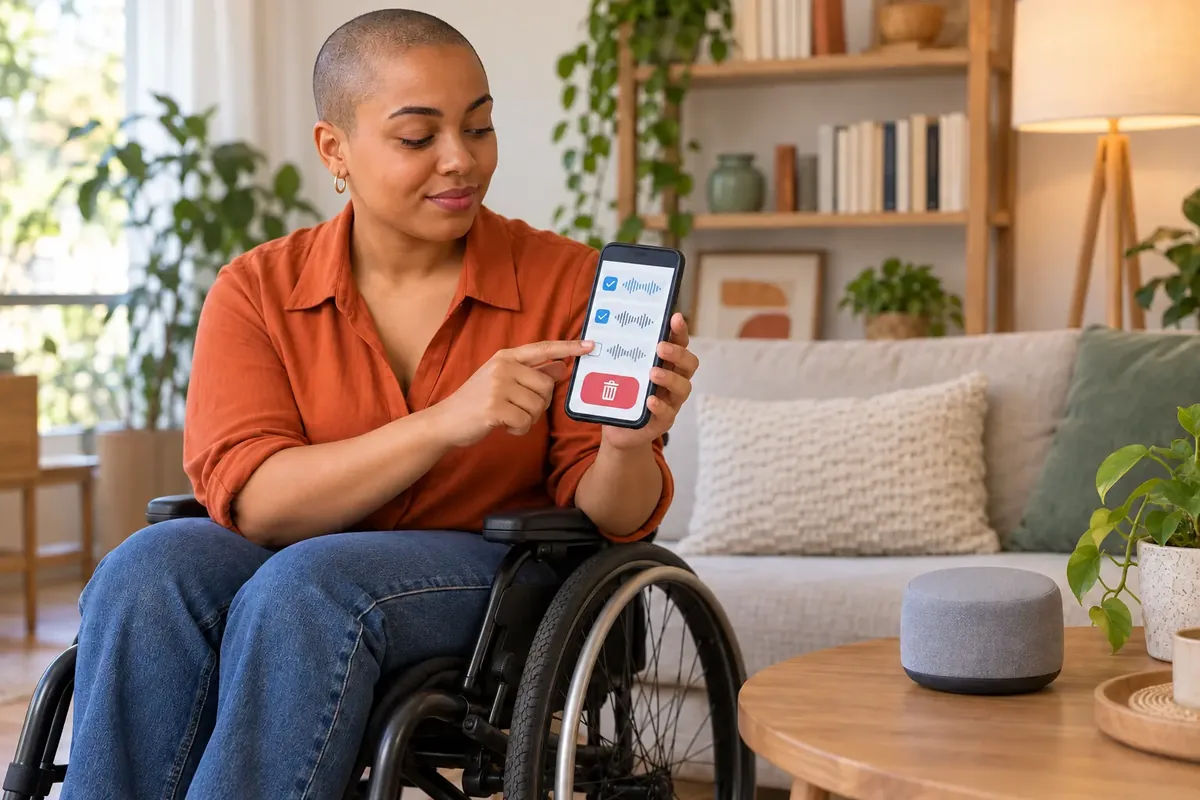 Une femme en fauteuil roulant sélectionne des formes d’ondes sur son téléphone près d’une icône de corbeille.