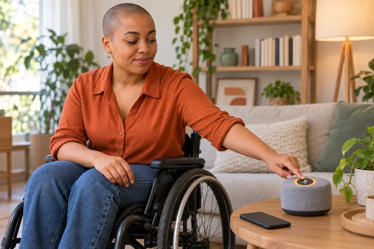 Une femme appuie sur le microphone barré d’une enceinte connectée dont l’indicateur devient orange.