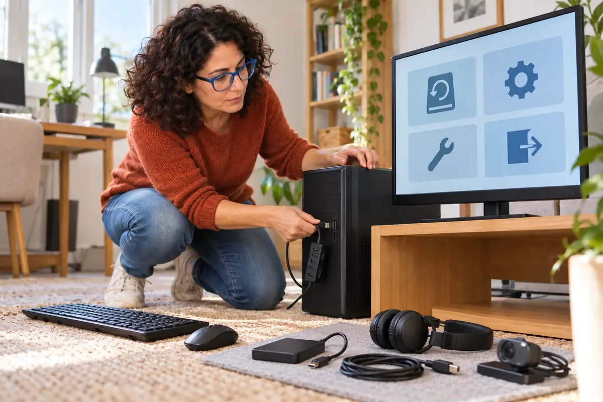 Une femme débranche un concentrateur USB d’un ordinateur éteint, les accessoires rangés sur un tapis.