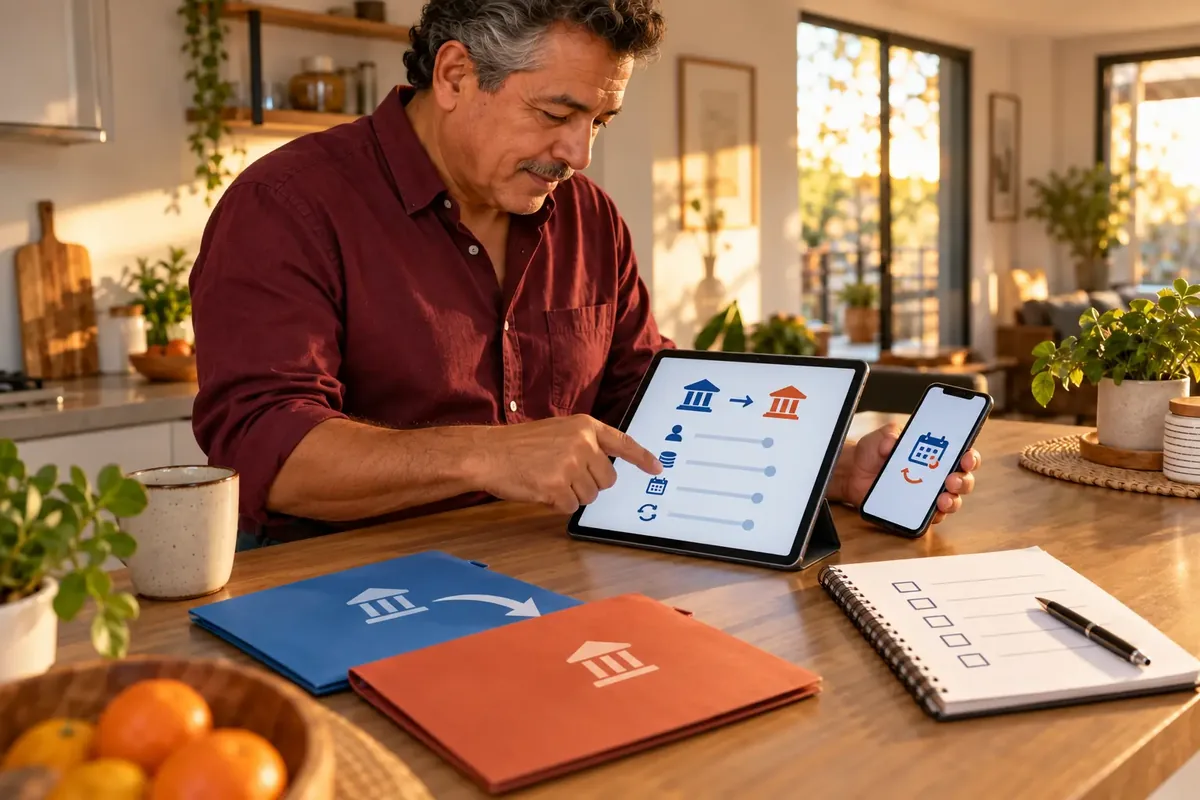 Un homme compare sur tablette et téléphone les paramètres abstraits d’un virement entre deux dossiers colorés.
