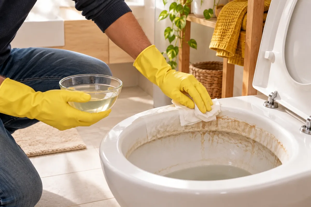 Personne appliquant une compresse de vinaigre blanc sur des zones entartrées