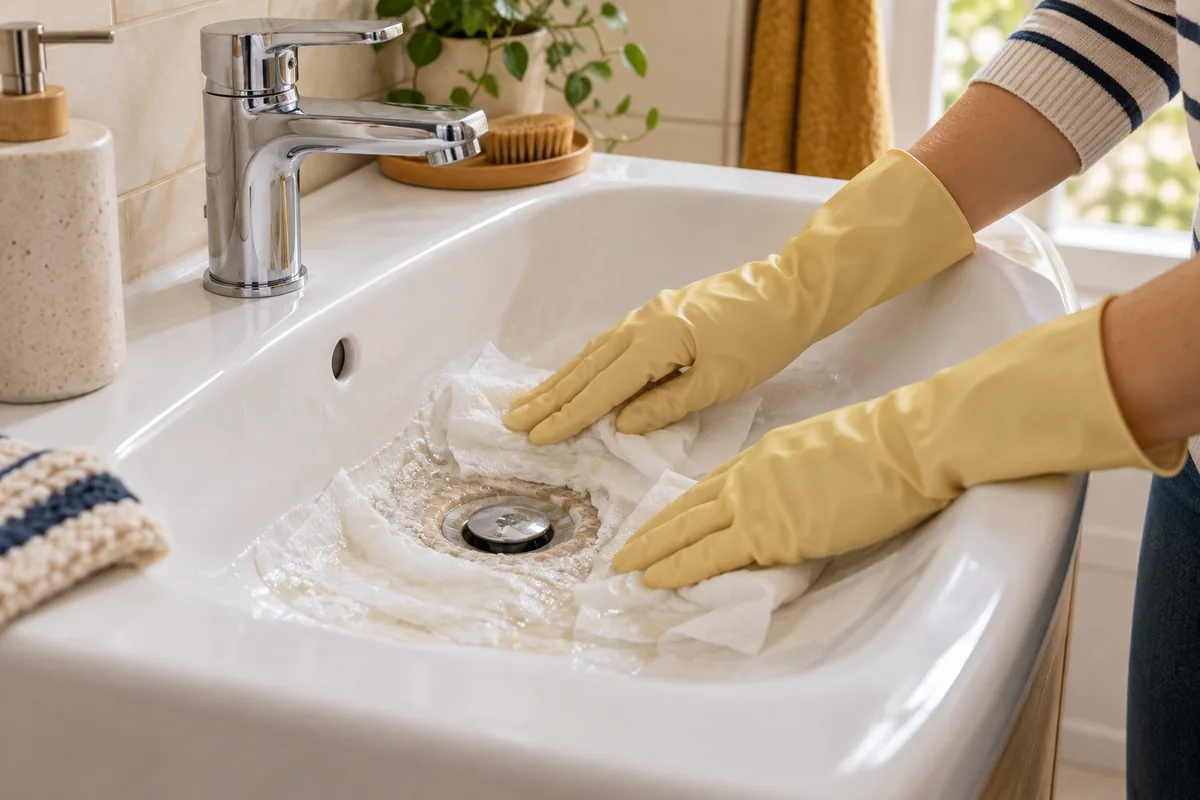 Des mains gantées appliquent du papier absorbant imbibé autour de la bonde entartrée d’un lavabo.