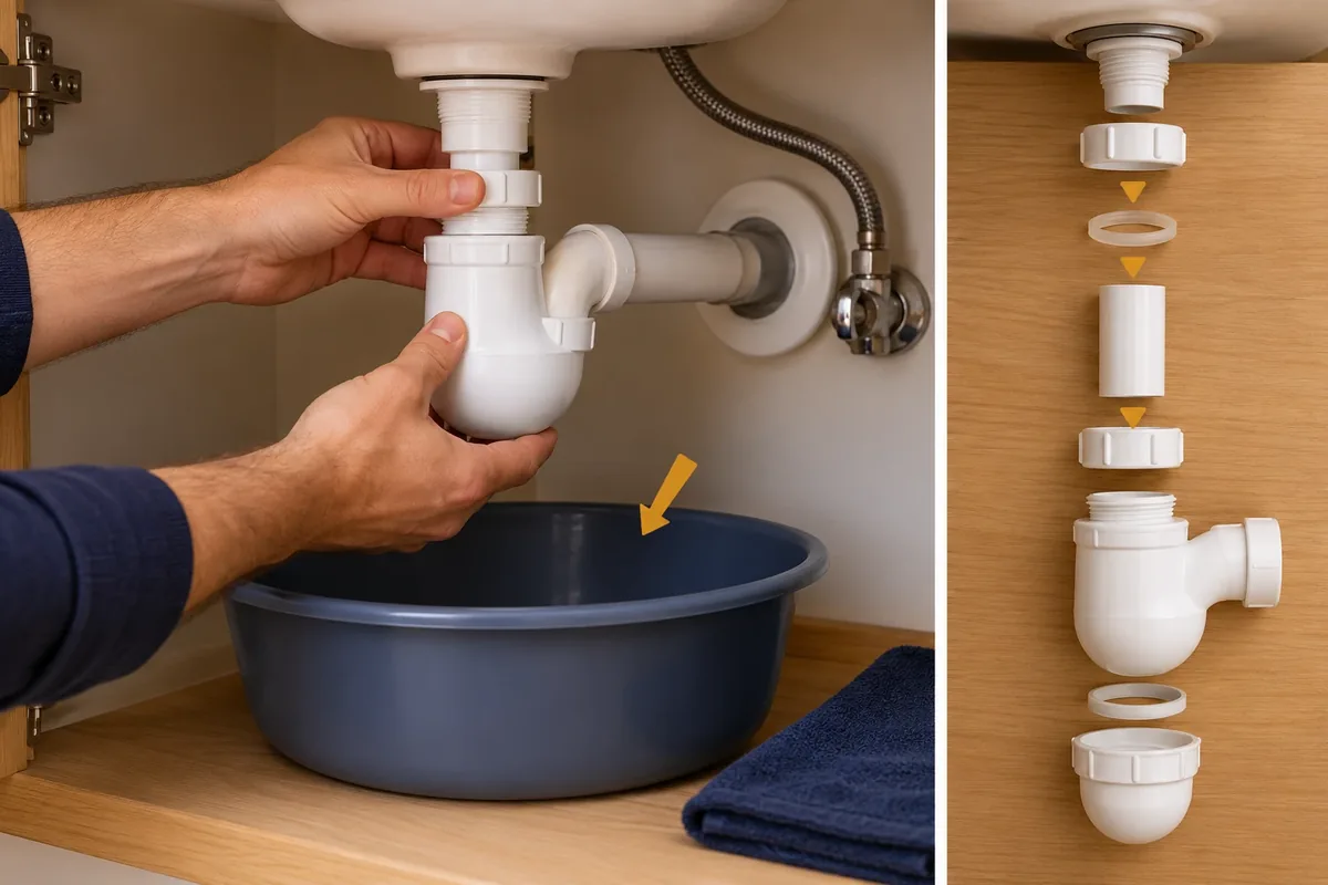 Bassine placée sous un siphon avant démontage pour nettoyage