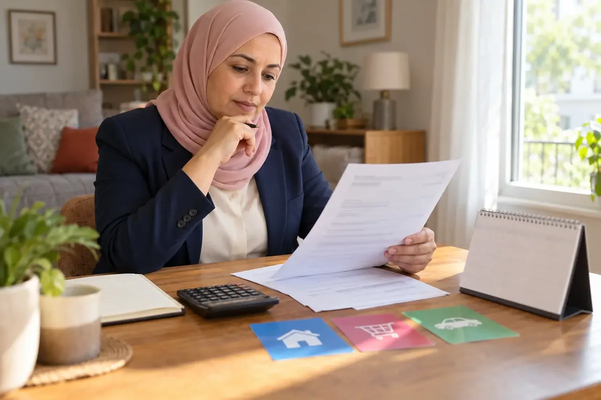Une femme en hijab examine un avis fiscal près d’un calendrier, d’une calculatrice et de cartes de dépenses.