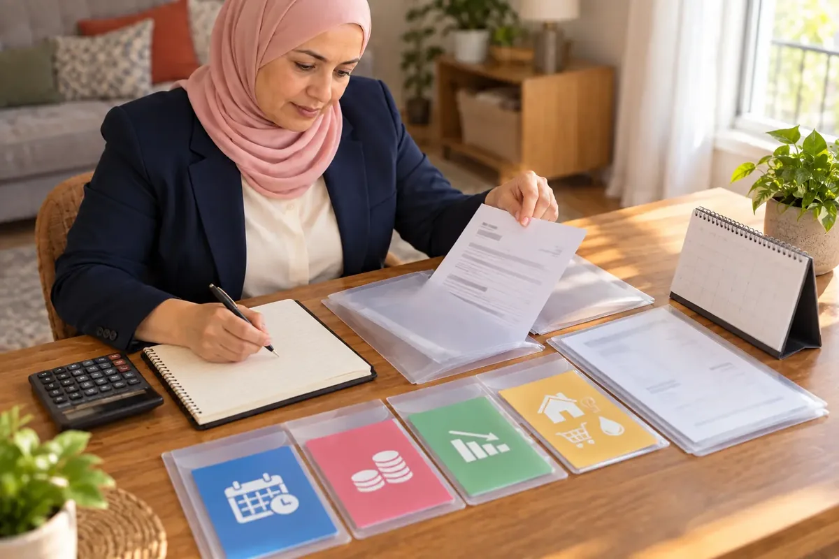 Une femme rassemble un avis, un calendrier et quatre cartes illustrées avant de prendre une note dans un carnet.