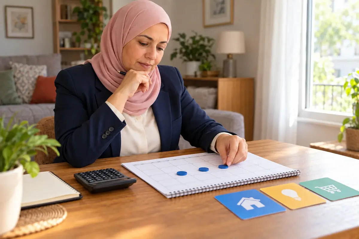 Une femme répartit trois jetons sur un calendrier tout en gardant à part les cartes du logement et de l’énergie.