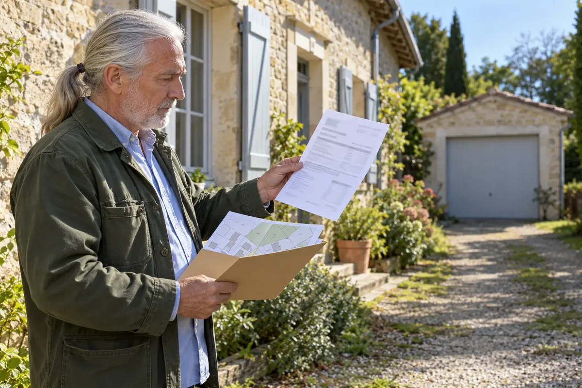 Un homme aux cheveux argentés compare un avis et un plan devant une maison en pierre avec un garage séparé.
