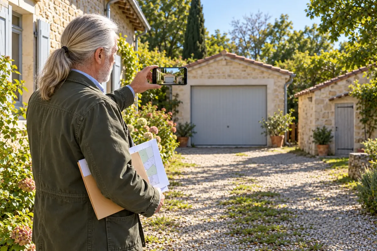 Un homme photographie un garage et une dépendance avec son téléphone, un plan et une pochette sous le bras.