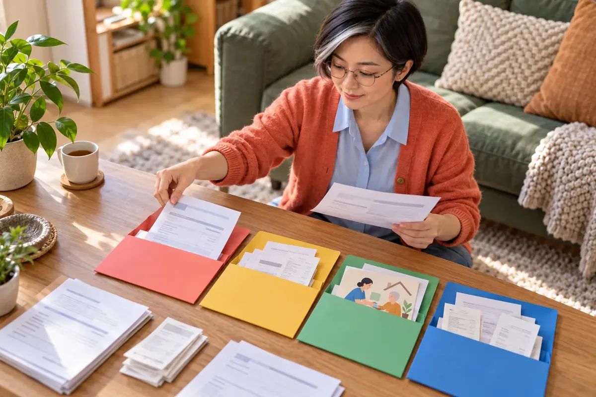 Une femme répartit factures, paiement et carte de service à domicile entre quatre pochettes colorées.