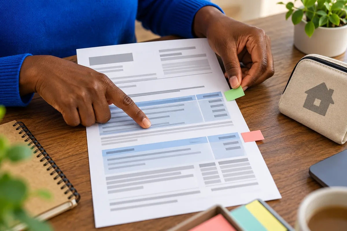 Deux mains repèrent des zones d’un avis fiscal avec des onglets verts et rouges sur une table en bois.