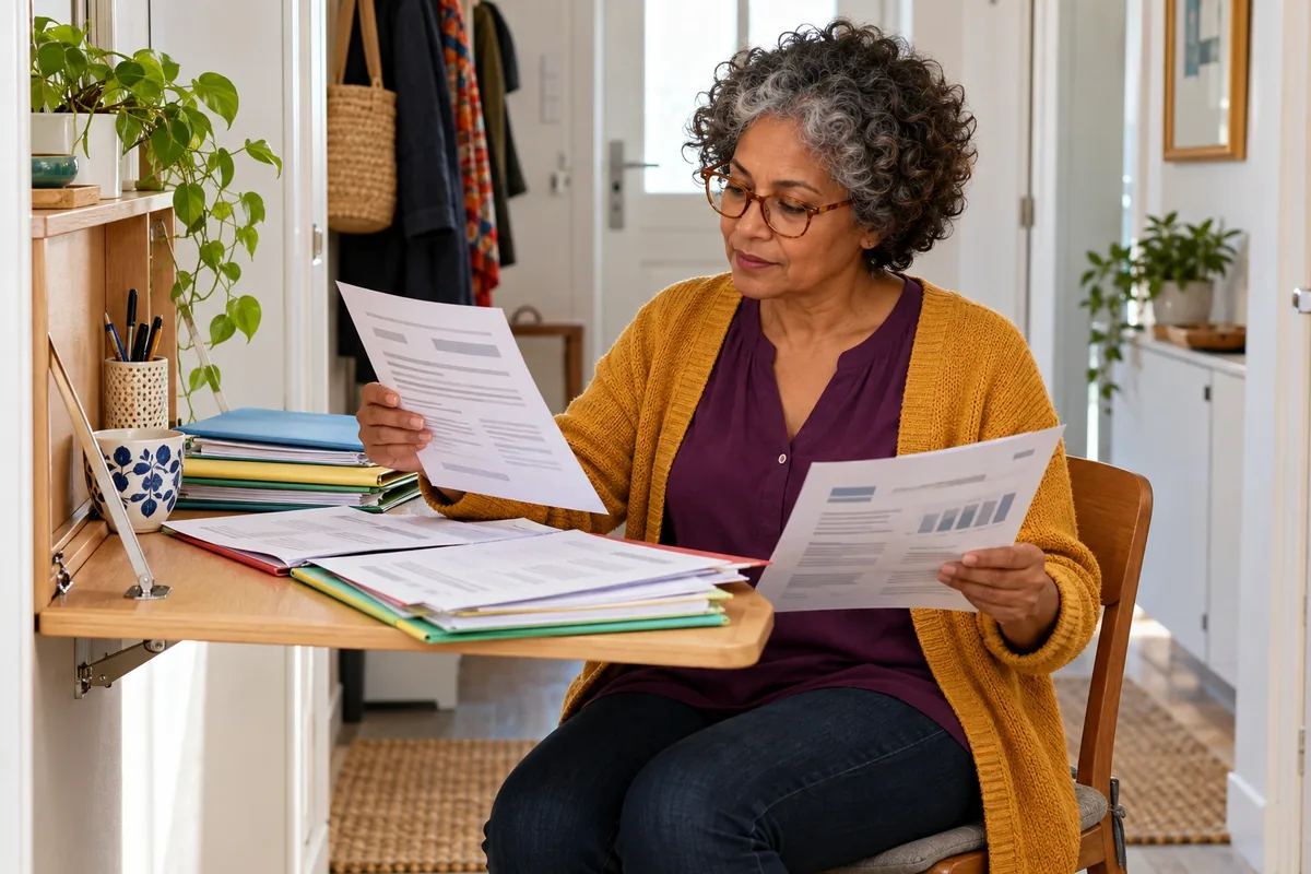 Une femme aux cheveux poivre et sel compare plusieurs documents de charges à un petit bureau mural.
