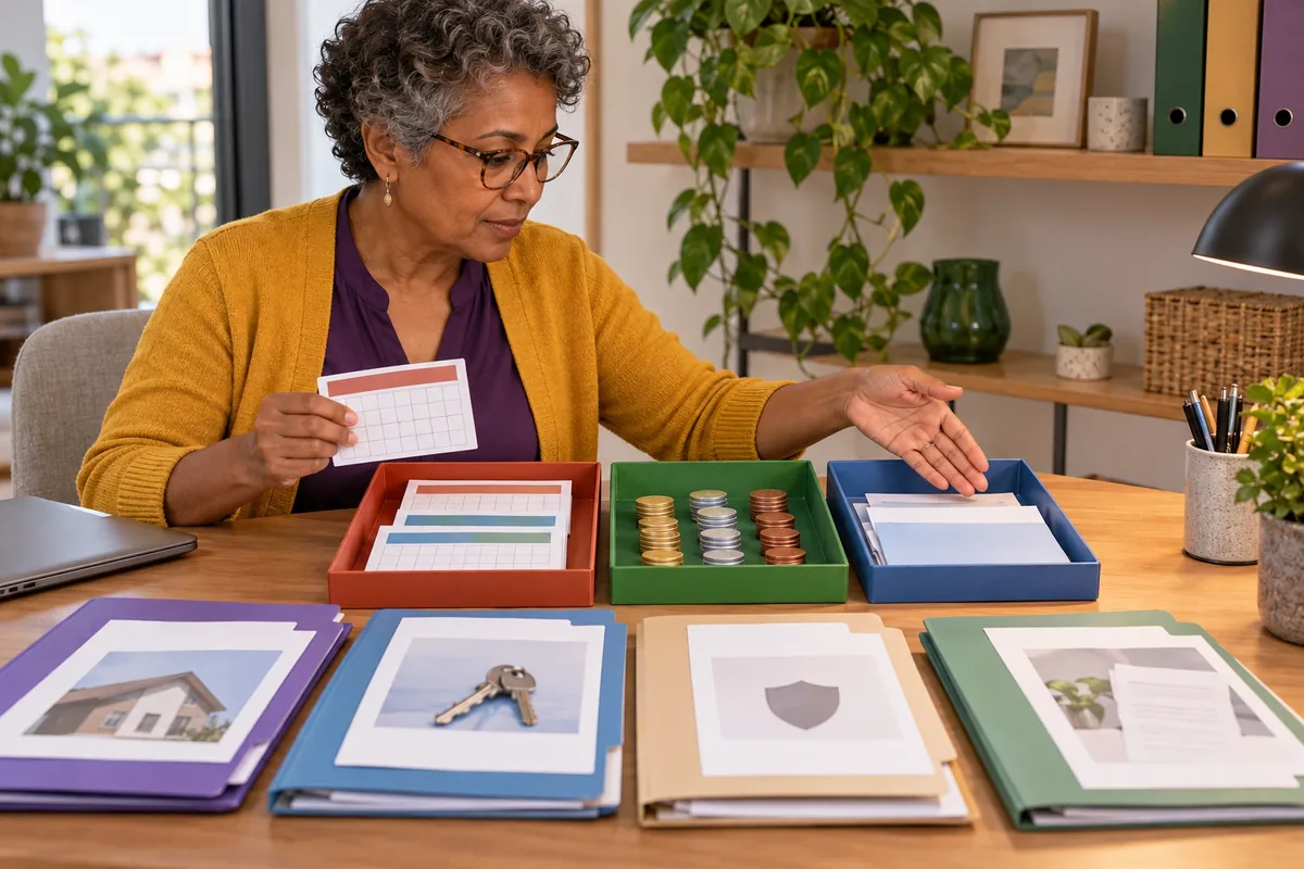 Une femme sépare cartes de calendrier, jetons de provisions et documents dans trois bacs colorés.
