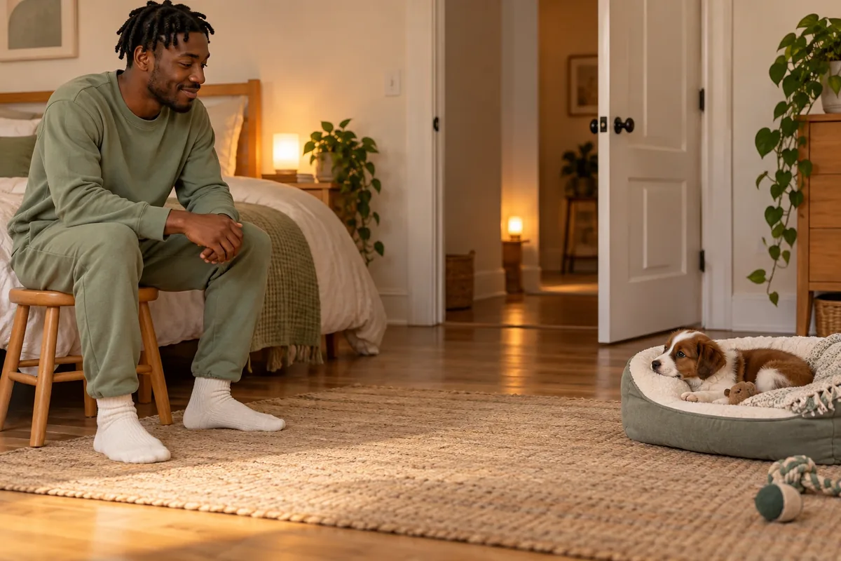 Un jeune homme assis à distance observe calmement un chiot couché dans son panier dans une chambre.