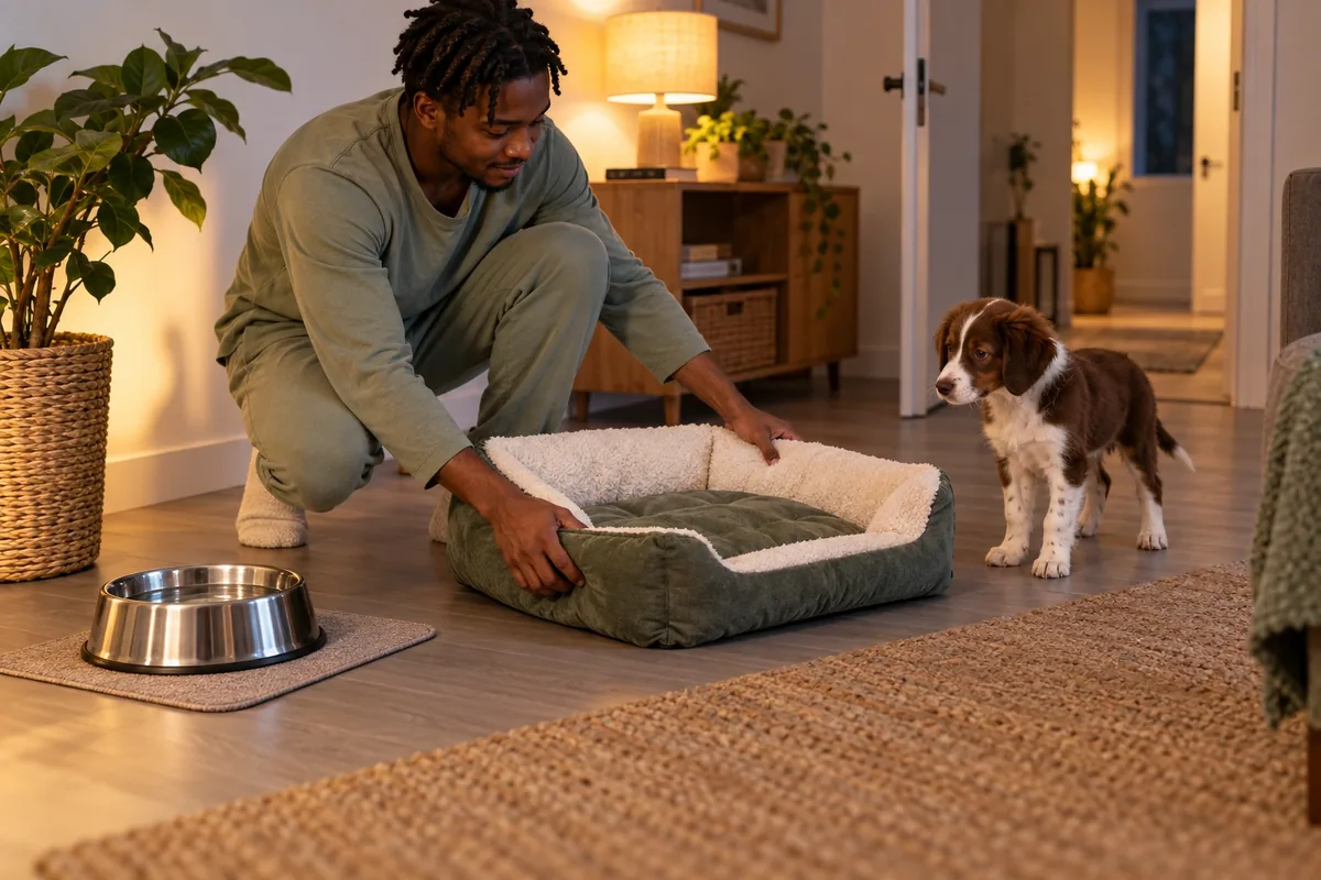 Un jeune homme installe un panier et un bol d’eau stable pendant qu’un chiot attend dans une pièce dégagée.