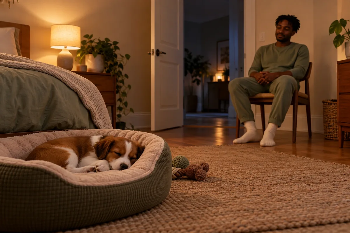 Un chiot dort dans son panier tandis qu’un homme reste assis sur une chaise plus éloignée près de la porte.