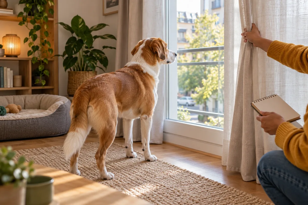 Un chien brun et blanc regarde la fenêtre pendant qu’une personne ferme le rideau et tient un carnet dans le salon.