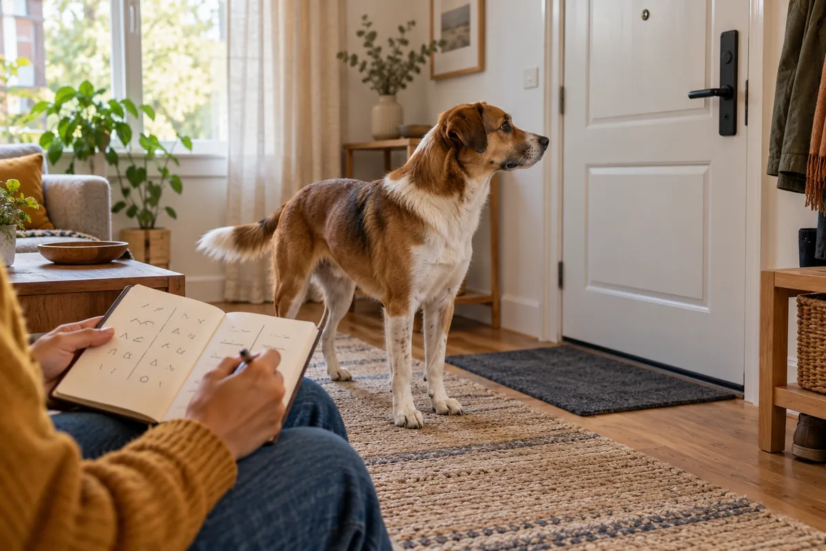 Une personne note des observations dans un carnet tandis qu’un chien brun et blanc surveille calmement la porte.