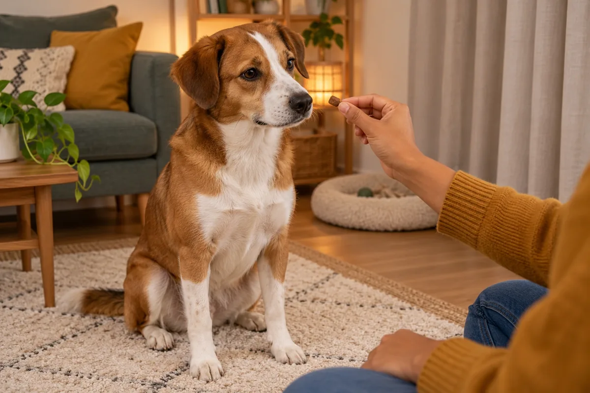 Un chien brun et blanc assis au calme reçoit une petite récompense devant un rideau fermé dans le salon.