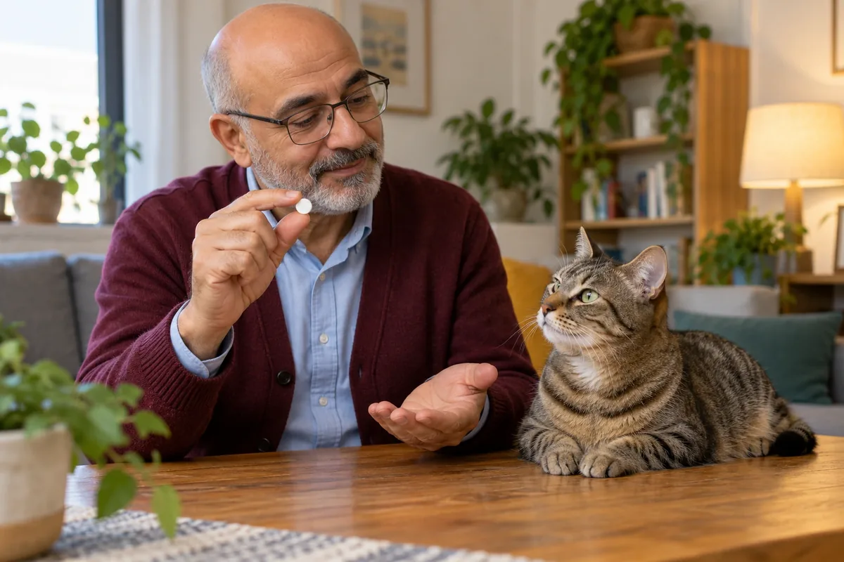 Un homme montre un unique comprimé intact à côté d’un chat tigré calme et libre sur une table en bois.