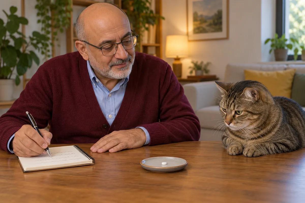 Un homme note son observation tandis qu’un seul comprimé intact repose sur un plateau près d’un chat tigré.