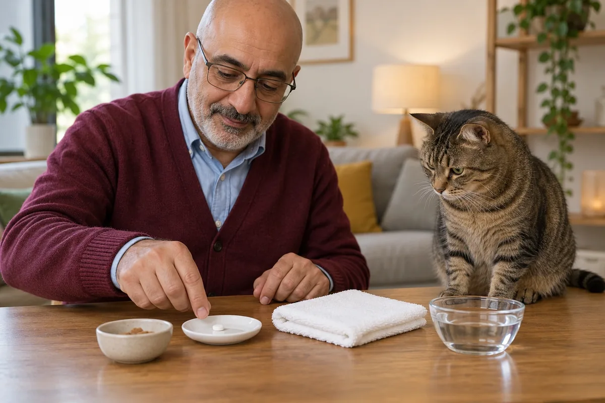 Un homme prépare un comprimé, une serviette pliée, une friandise et une coupelle d’eau près d’un chat libre.