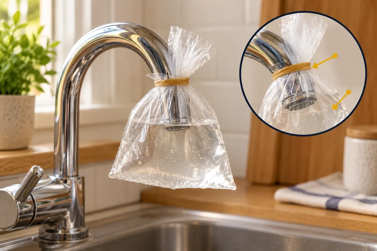Sachet de vinaigre blanc maintenu autour du bec d'un robinet
