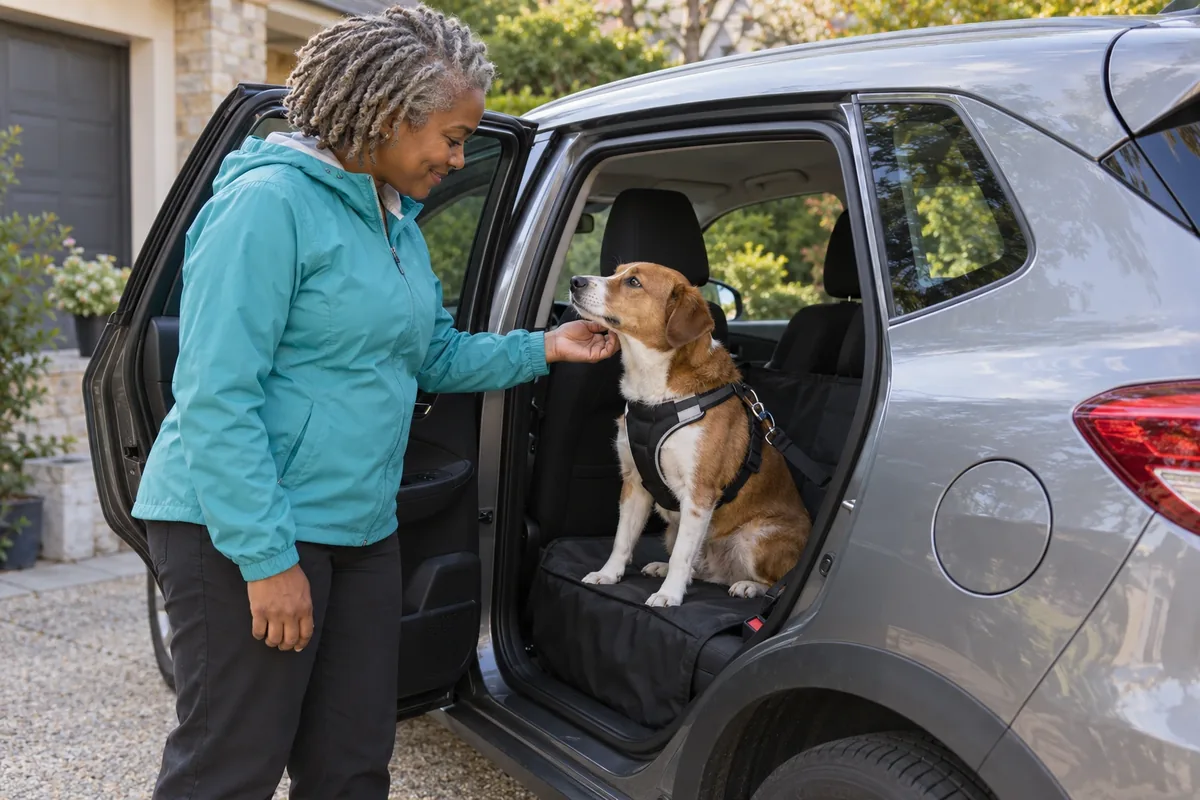 Une femme aux locs grises rassure un chien harnaché sur la banquette arrière d’une voiture garée, portière ouverte.