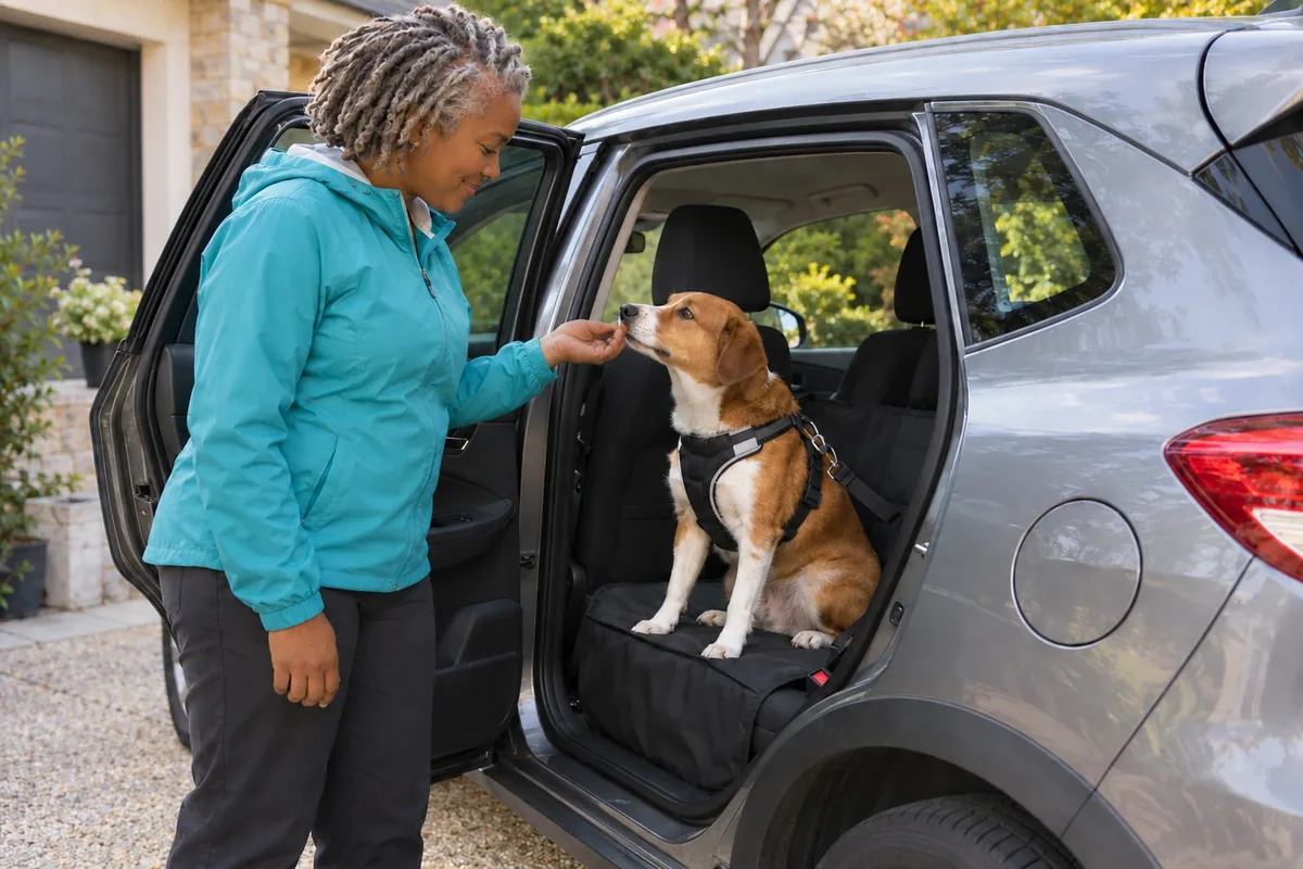 Une femme offre une petite récompense à un chien assis avec son harnais dans une voiture immobile et ouverte.