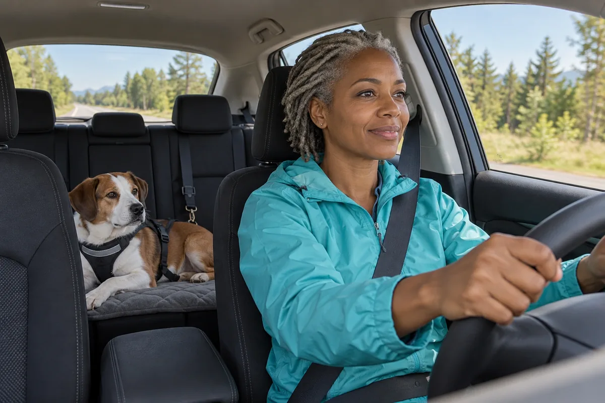 Une femme conduit calmement sur une route dégagée tandis que son chien harnaché reste couché sur la banquette arrière.