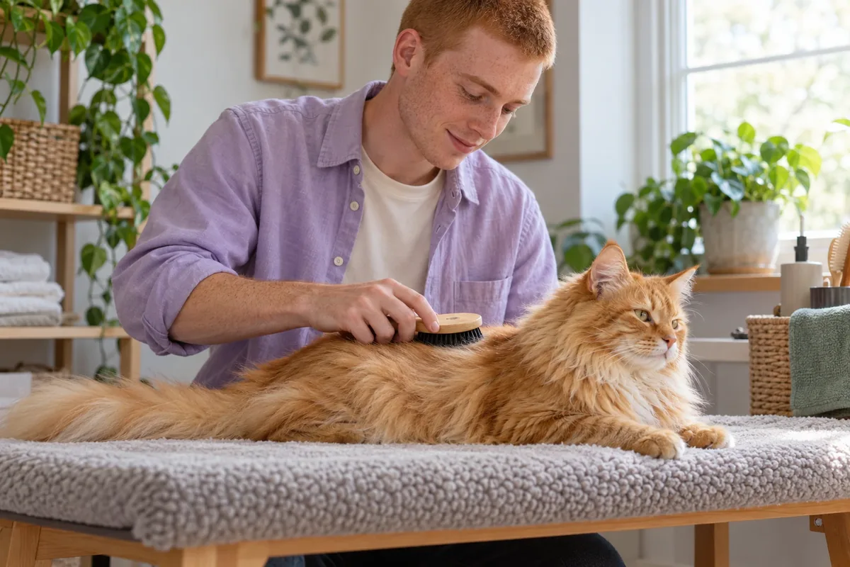 Un jeune homme roux brosse doucement le dos d’un chat roux à poils longs allongé sur une table rembourrée.